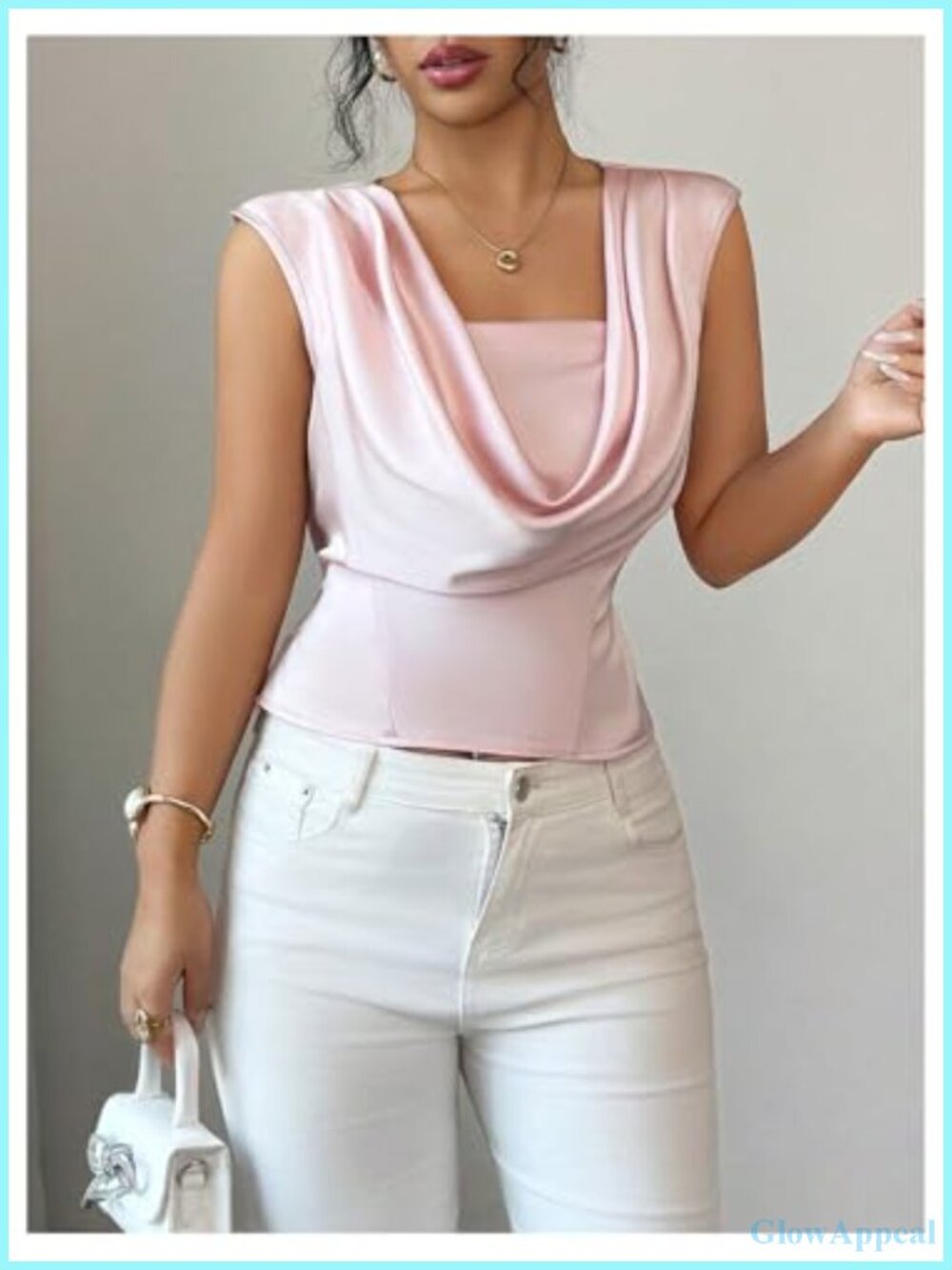 Silky Sleeveless Blouse Cowl Neck Ruched Tie Back Top - Picture 3 of 4